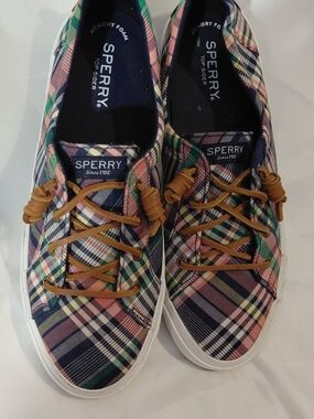 Sperry Plaid Lace-Up Sneakers in Pink, Navy & Green